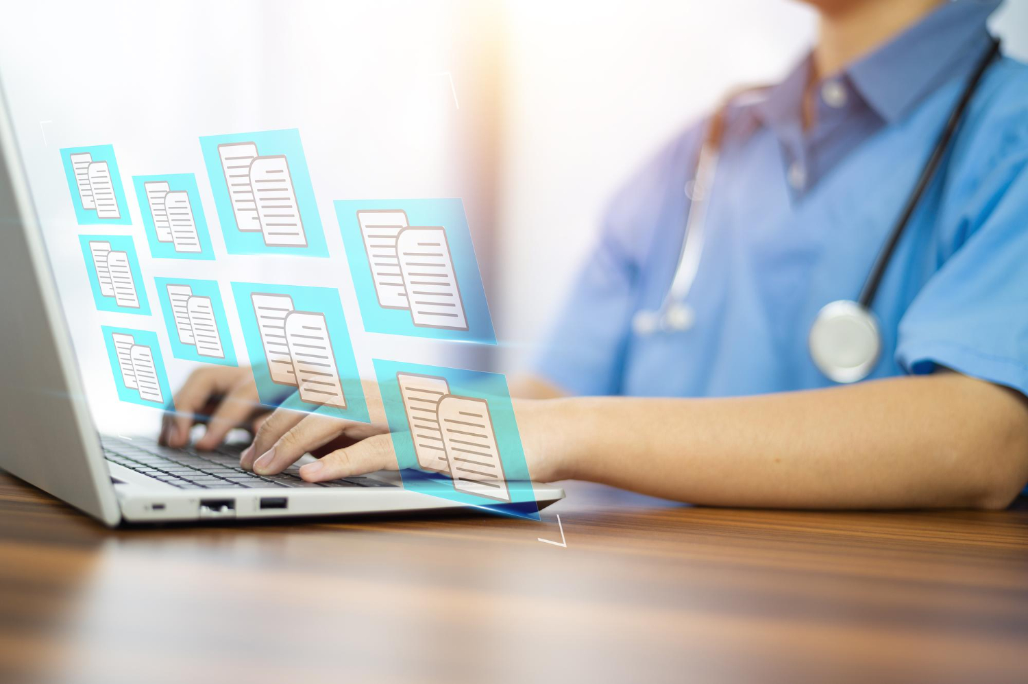 Doctor using computer document management system in order to see healthcare interoperability results