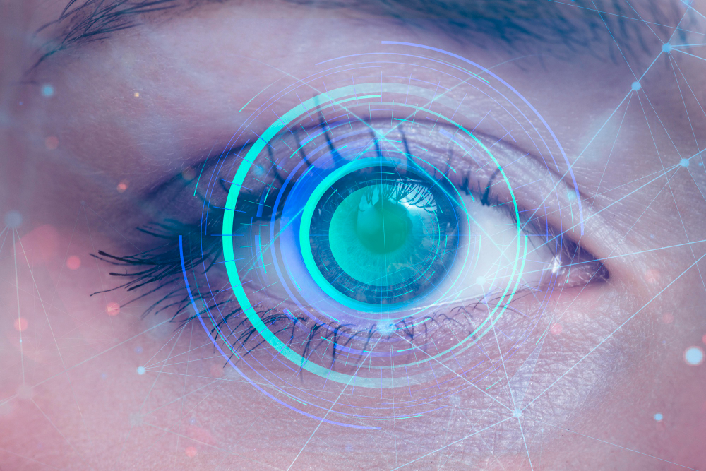 health technology concept, close up eye scanning