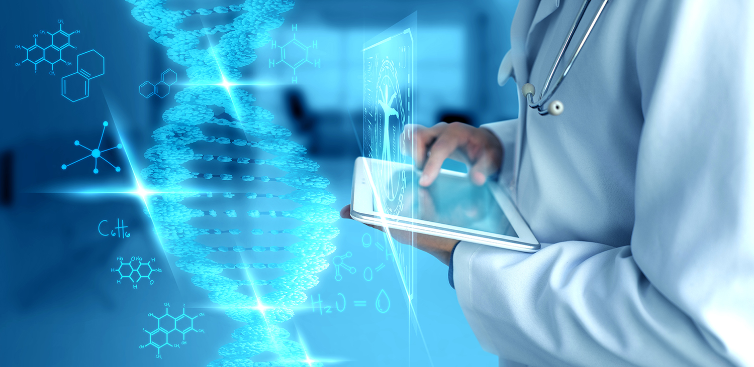 Physician looking at tablet in health information system