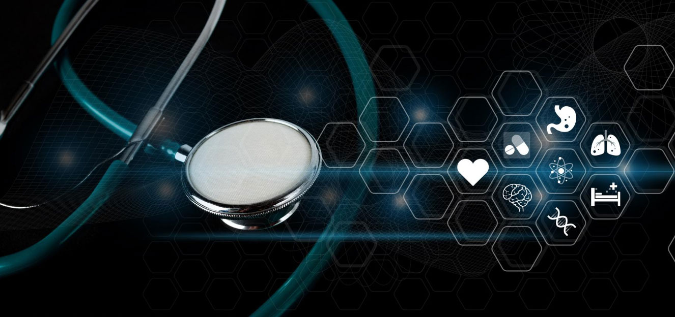 future of health and medical technology, stethoscope and healthcare it concept